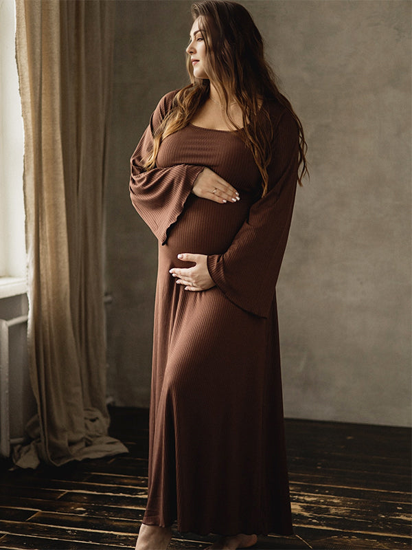 Momyknows Brown Solid Color U-Neck Flare Sleeve Photoshoot Baby Shower Maternity Maxi Dress