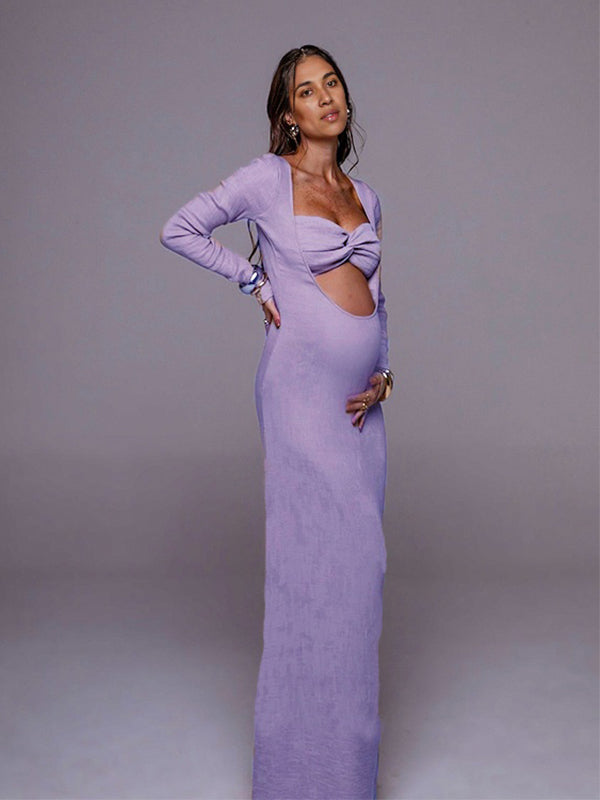 Momyknows Cut Out Solid Color Slit Flare Sleeve Bodyocn Photoshoot Baby Shower Maternity Maxi Dress