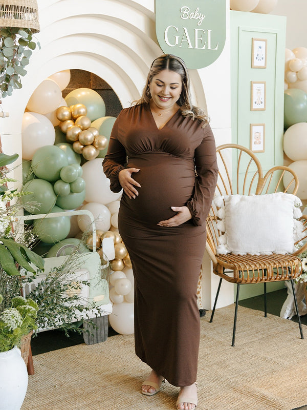 Momyknows Coffee V-neck Ruched Lantern Sleeve Bodyocn Photoshoot Baby Shower Maternity Maxi Dress