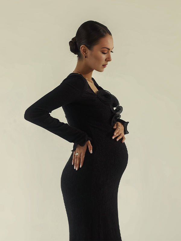 Momyknows Black 3D Flowers Ruffle Back Slit Bodyocn Photoshoot Baby Shower Maternity Maxi Dress