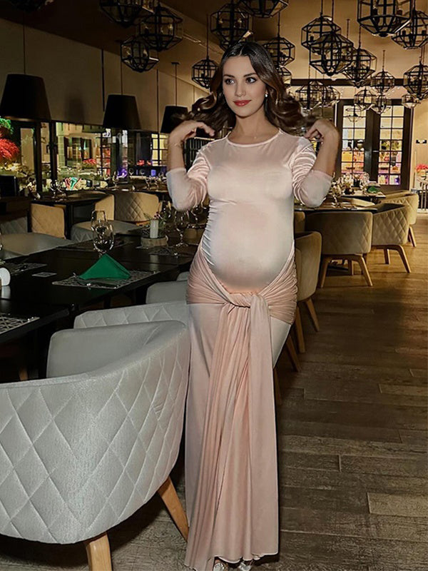 Momyknows Champagne Twist Solid Color Bodycon Cocktail Party Baby Shower Maternity Maxi Dress