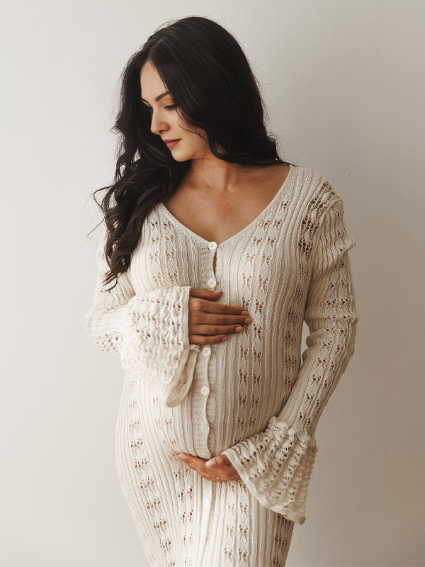 Momyknows Apricot Cut Out Knit Flare Sleeve Buttons Cardigan Photoshoot Baby Shower Maternity Maxi Dress