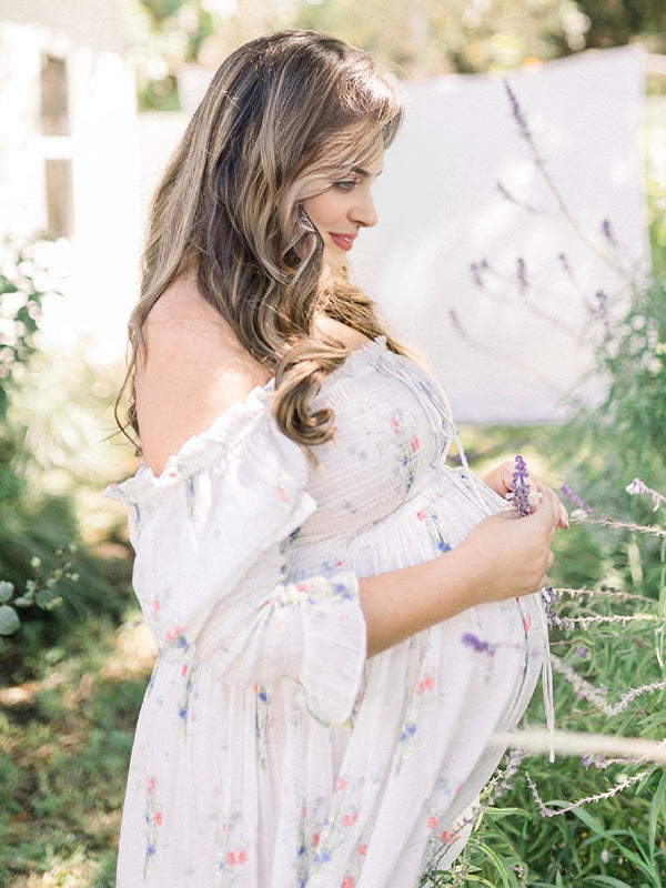 Momyknows White Floral Smocked Tie Puff Sleeve Off Shoulder Flowy Boho Photoshoot Baby Shower Maternity Maxi Dress