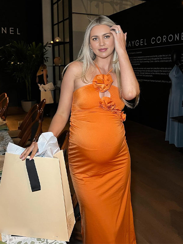 Momyknows Orange 3D Flowers Cut Out Halter Neck Bodycon Party Cocktail Baby Shower Maternity Maxi Dress