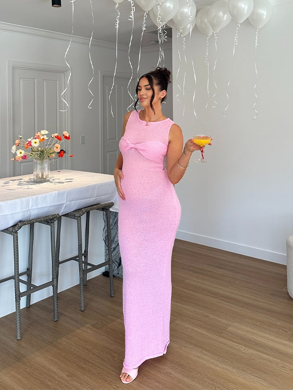 Momyknows Pink Twist Knit Sheer Bodycon Beach Photoshoot Gender Reveal Baby Shower Maternity Maxi Dress