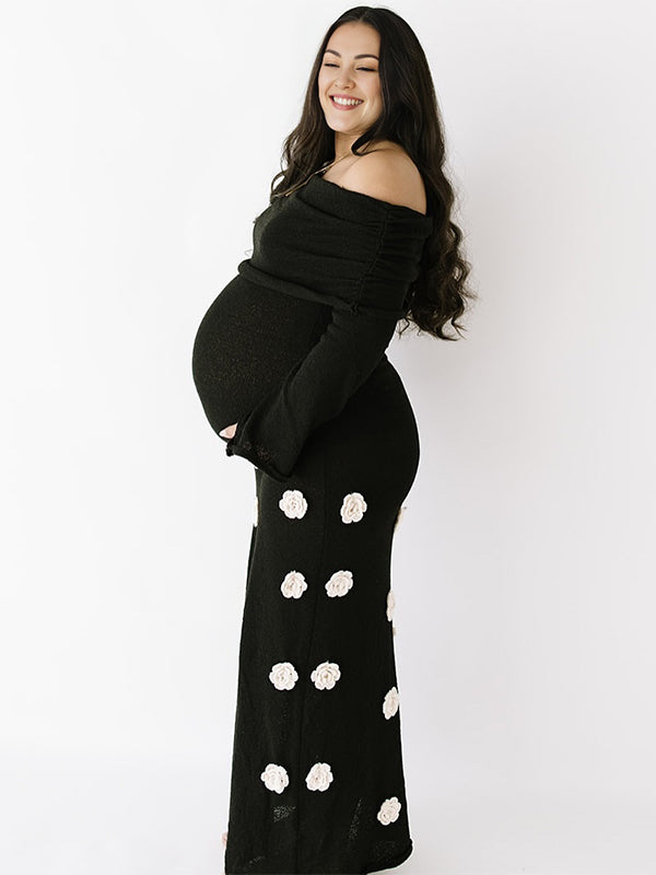 Momyknows 3D Flowers Off Shouler Ruched Photoshoot Baby Shower Maternity Maxi Dress