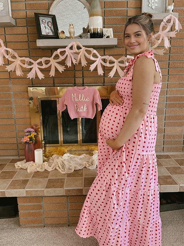 Momyknows Bow Smocked Polka Dot Flowy Gender Reveal Baby Shower Maternity Maxi Dress