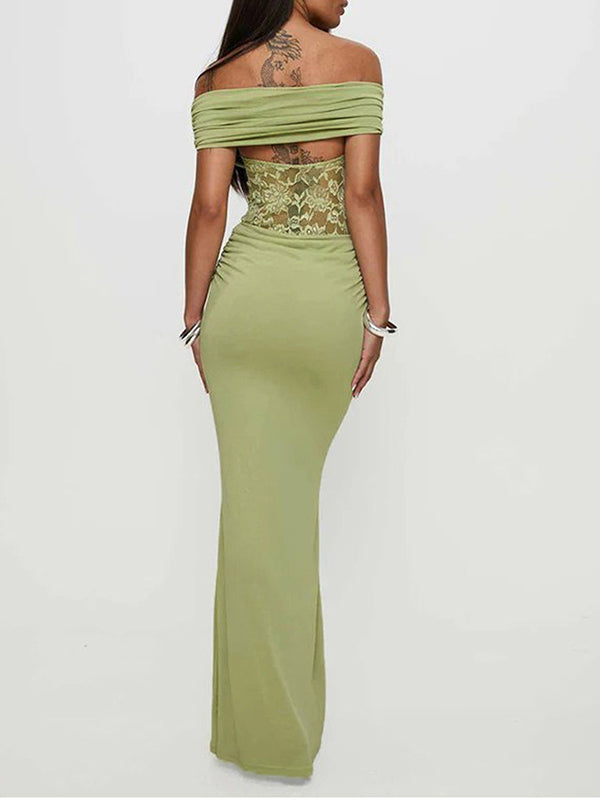 Momyknows Off Shoulder Lace Sheer Splicing Ruched Baby Shower Maternity Maxi Dress Green / 2XL Momyknows Off Shoulder Lace Sheer Splicing Ruched Baby Shower Maternity Maxi Dress Green / 2XL