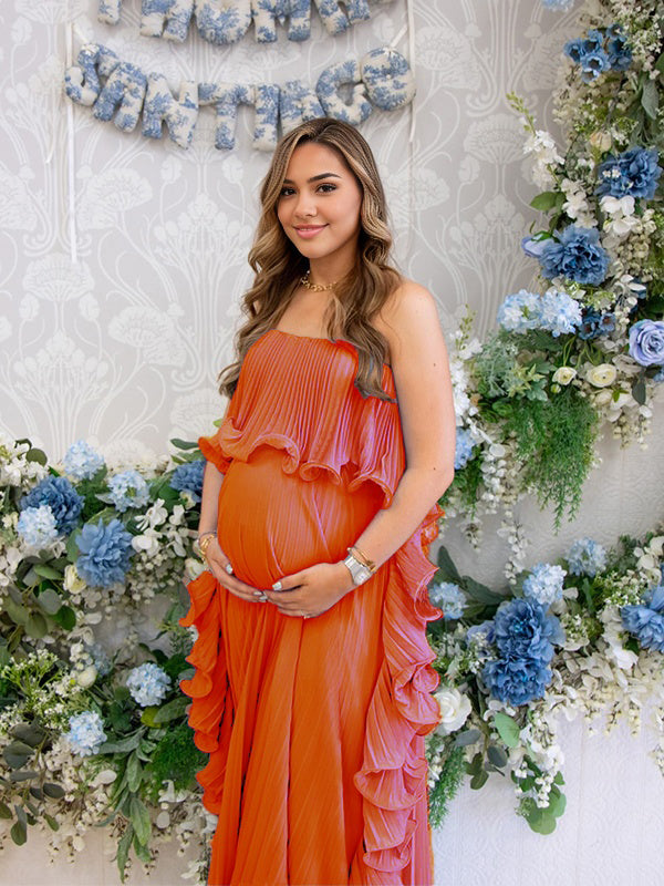Momyknows Ruffle Bandeau Pleated Big Swing Flowy Baby Shower Maternity Maxi Dress