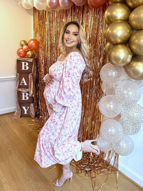 Momyknows Smocked Floral Lantern Sleeve Flowy Gender Reveal Baby Girl Shower Maternity Maxi Dress