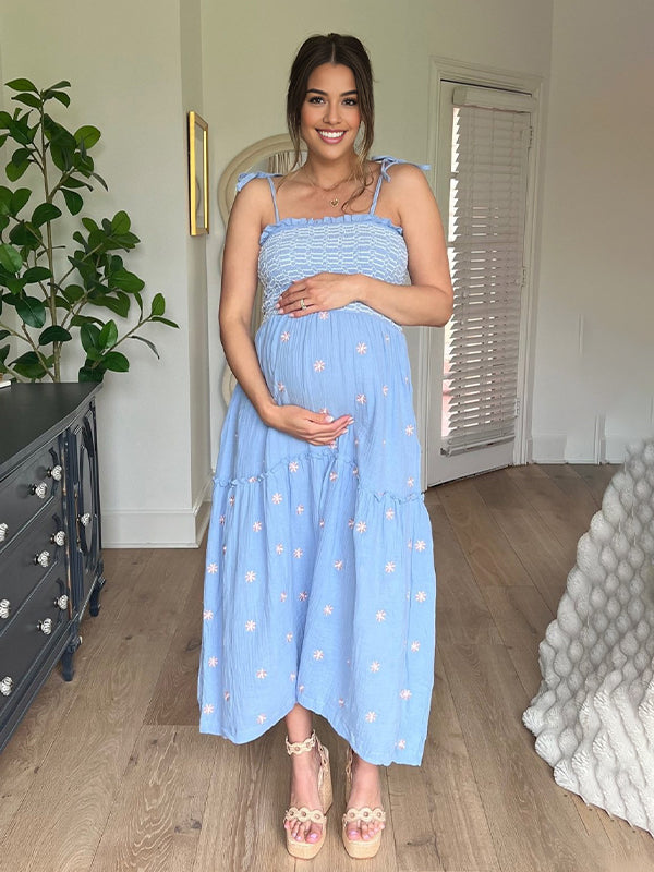 Momyknows Lace-up Smocked Flowers Flowy Photoshoot Baby Shower Maternity Maxi Dress