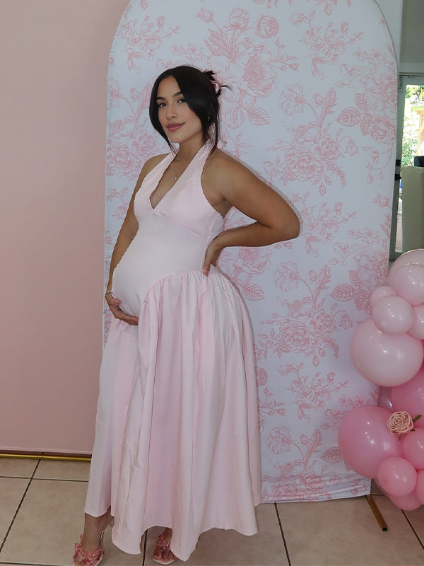 Momyknows Halter Neck Deep V-neck Flowy Baby Shower Maternity Maxi Dress