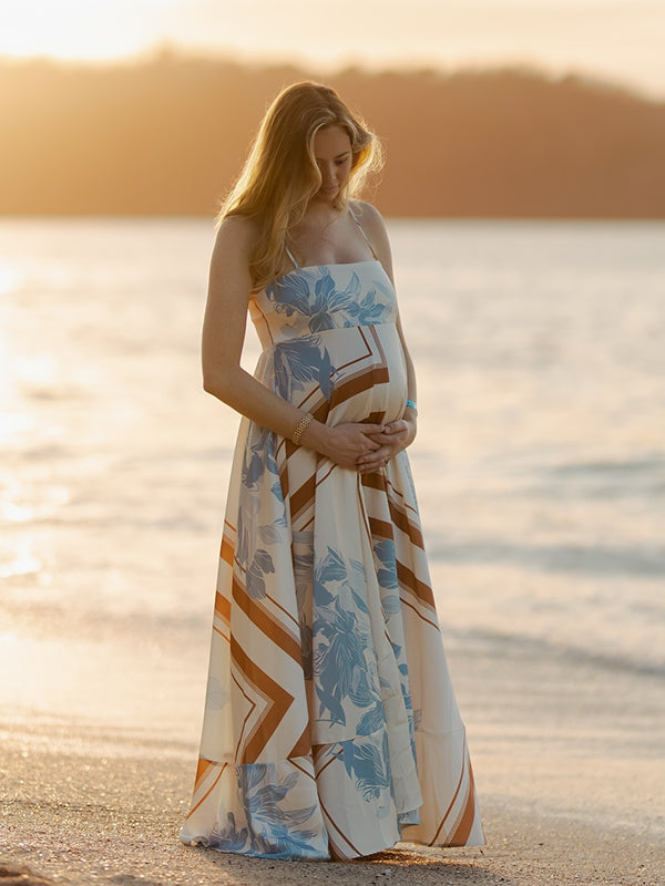 White Print High Waist Flowy Photoshoot Maternity Maxi Dress