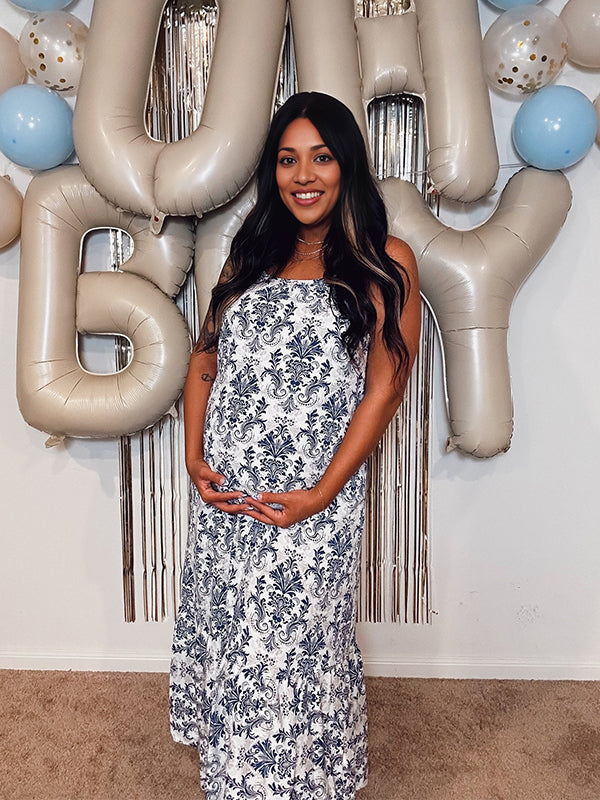 Blue Floral Flowy Baby Shower Maternity Maxi Dress