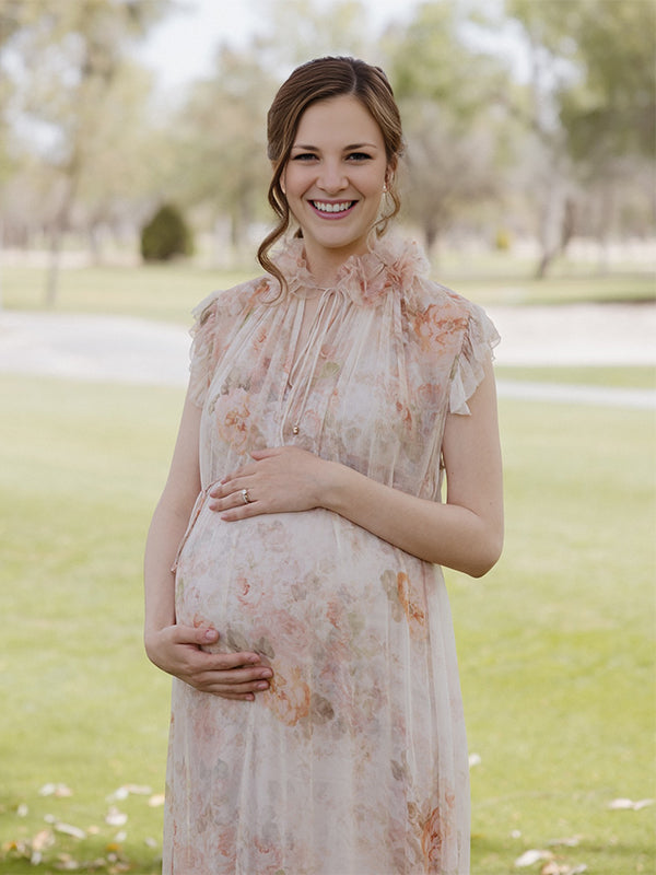 Apricot Floral Ruffle 3D Flowers Tie Flowy Photoshoot Maternity Maxi Dress