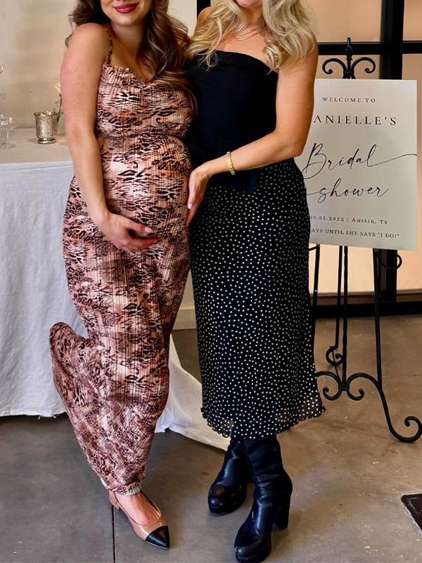 Light Brown Leopard Ruched Baby Shower Maternity Maxi Dress
