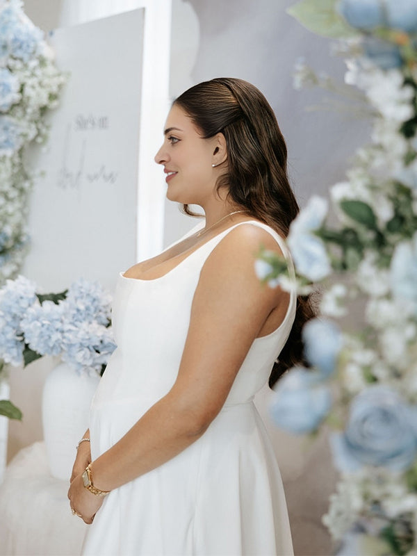 White Square Neck Swing Flowy Baby Shower Maternity Maxi Dress White / M White Square Neck Swing Flowy Baby Shower Maternity Maxi Dress White / M