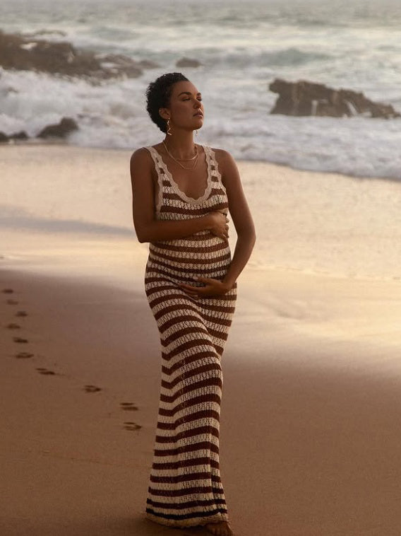 Brown Striped Crochet Backless Photoshoot Maternity Maxi Dress
