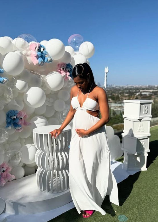 Momyknows White Halter Neck Side Slit Babyshower Party Maternity Maxi Dress