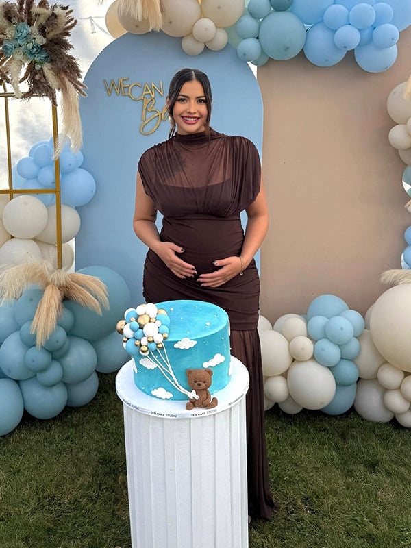 Momyknows Brown Ruched Pleated Grenadine Sheer Baby Shower Maternity Maxi Dress