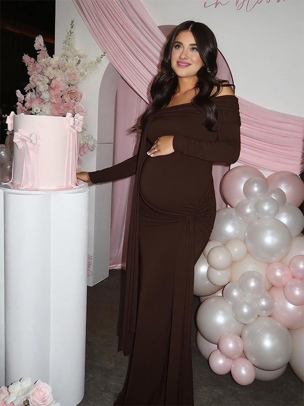 Momyknows Off Shoulder Ruched Draped Back Slit Maternity Maxi Dress