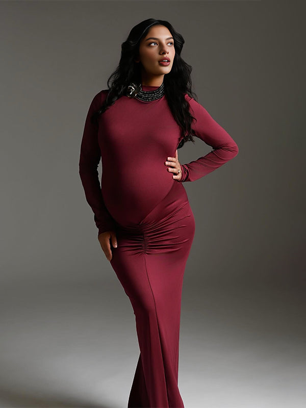 Momyknows Wine Red Ruched Photoshoot Maternity Maxi Dress