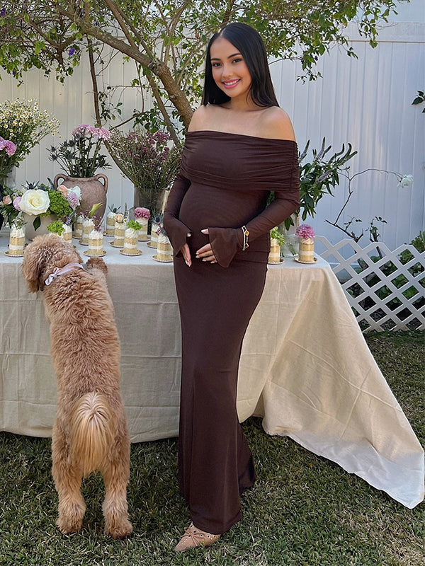 Momyknows Off Shoulder Ruched Sheer Baby Shower Maternity Maxi Dress