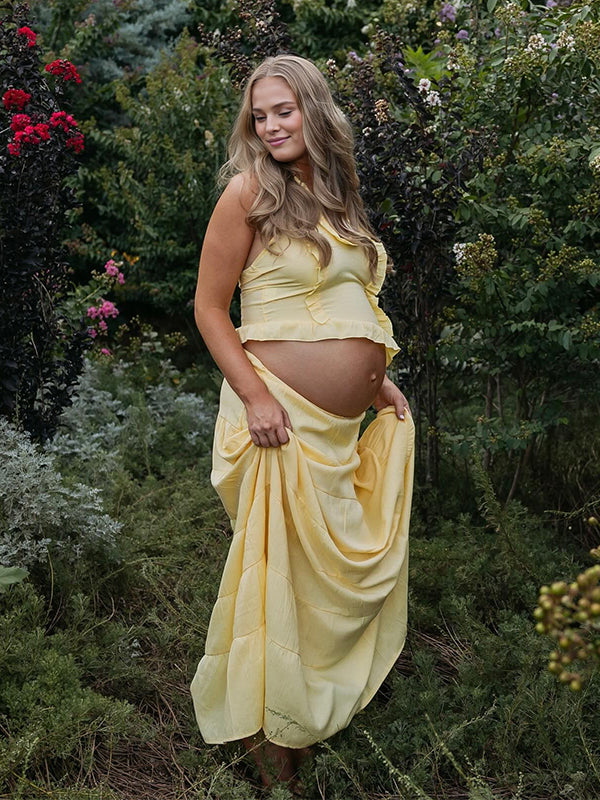 Momyknows Yellow 2 Pieces Ruffle Cut Out Photoshoot Maternity Maxi Dress