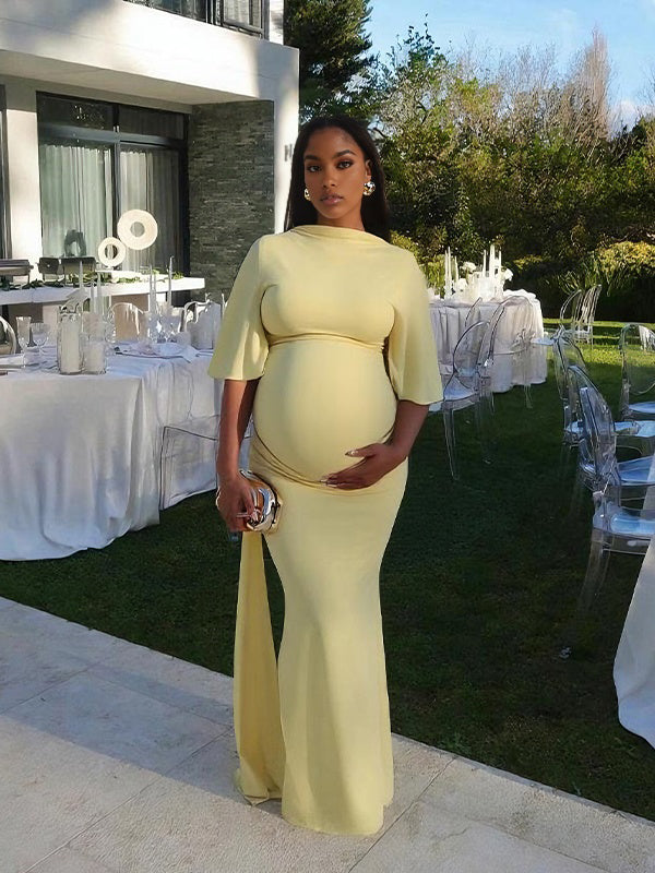 Momyknows Yellow Ruched Draped Backless Baby Shower Maternity Maxi Dress