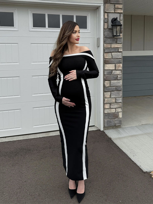 Momyknows Black Off Shoulder Lines Maternity Maxi Dress