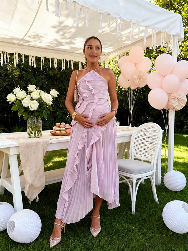 Momyknows Purple Pleated Ruffle Slit Irregular Baby Shower Maternity Maxi Dress