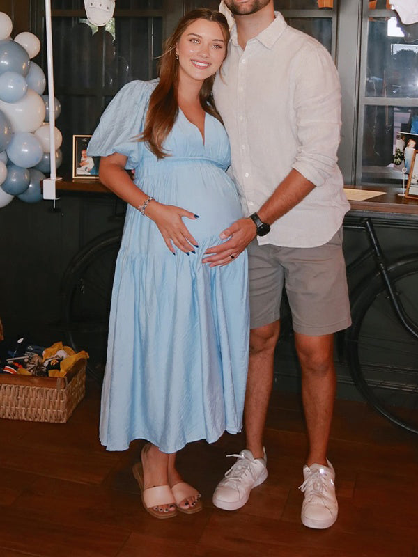Momyknows Blue Smocked Flowy Baby Boy Shower Maternity Maxi Dress