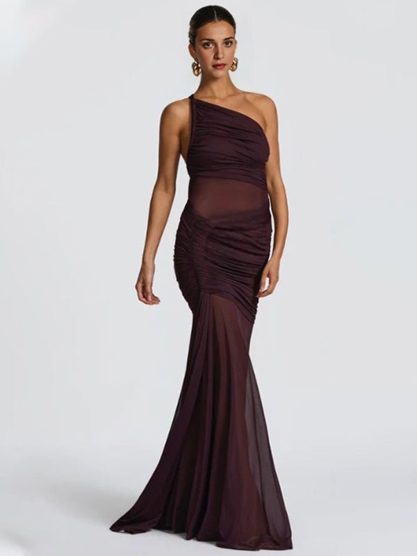 Momyknows One Shoulder Ruched Grenadine Sheer Baby Shower Maternity Maxi Dress, Burgundy / M