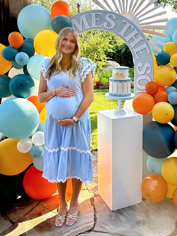 Momyknows Light Blue Wavy Edge Baby Boy Shower Maternity Maxi Dress