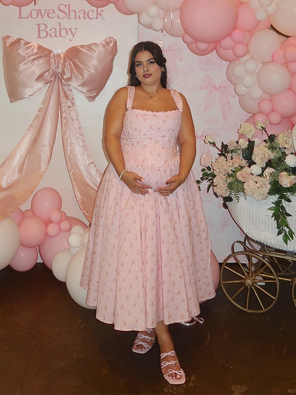 Momyknows Pink Floral Ruffle Back Tie Baby Girl Shower Maternity Maxi Dress