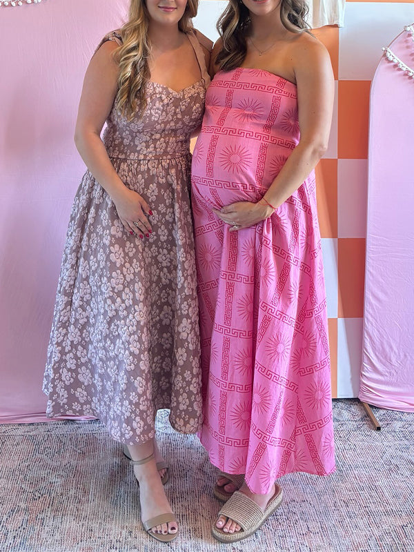 Momyknows Pink Printed Sunflowers Baby Shower Maternity Maxi Dress
