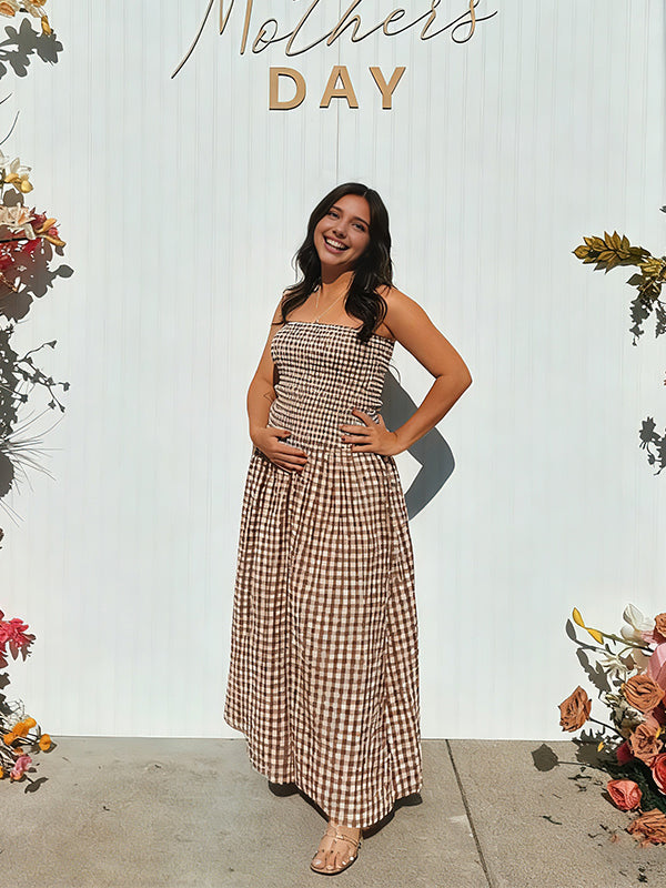 Momyknows Light Brown Plaid Bandeau Baby Shower Maternity Maxi Dress