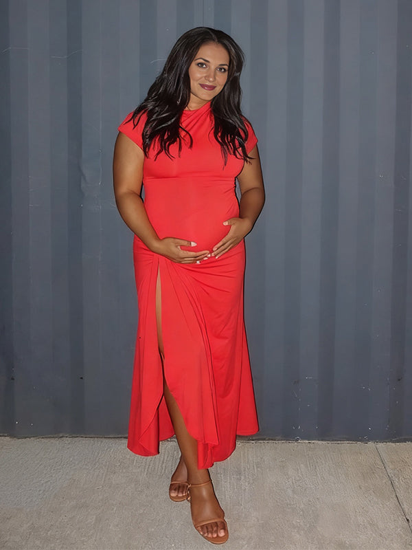 Momyknows One Shoulder Ruched Side Slit Twist Party Maternity Maxi Dress