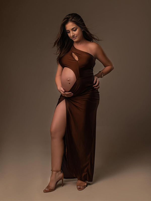Momyknows Brown One Shoulder Cut Out Side Slit Photoshoot Maternity Maxi Dress