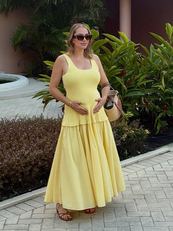 Momyknows Yellow Knit Flowy Splicing Maternity Maxi Dress