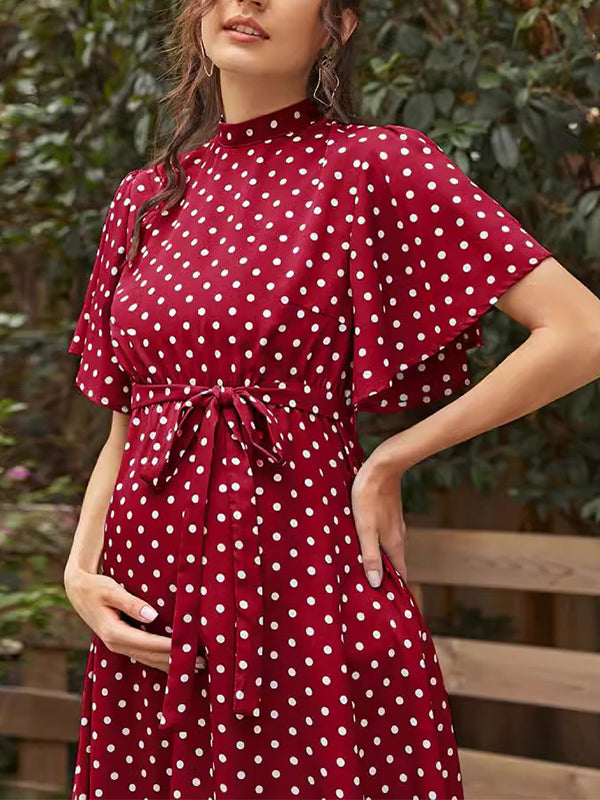 Momyknows Belt Tie Back Polka Dot Chiffon Flowy Maternity Midi Dresses