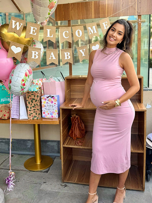 Momyknows Pink High Neck Sleeveless Elegant Maternity Baby Shower Midi Dress