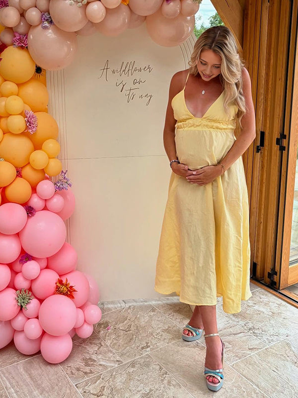 Momyknows Yellow Spaghetti Strap Ruched Backless Maternity Baby Shower Momyknows Yellow Spaghetti Strap Ruched Backless Maternity Baby Shower