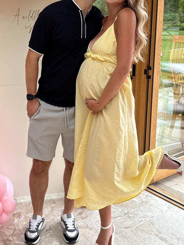 Momyknows Yellow Spaghetti Strap Ruched Backless Maternity Baby Shower Momyknows Yellow Spaghetti Strap Ruched Backless Maternity Baby Shower