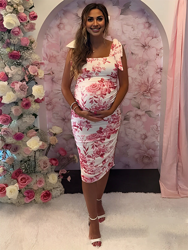 Momyknows Red Floral Ruched Bowknot Tie Shoulder Strap Maternity Midi Dress