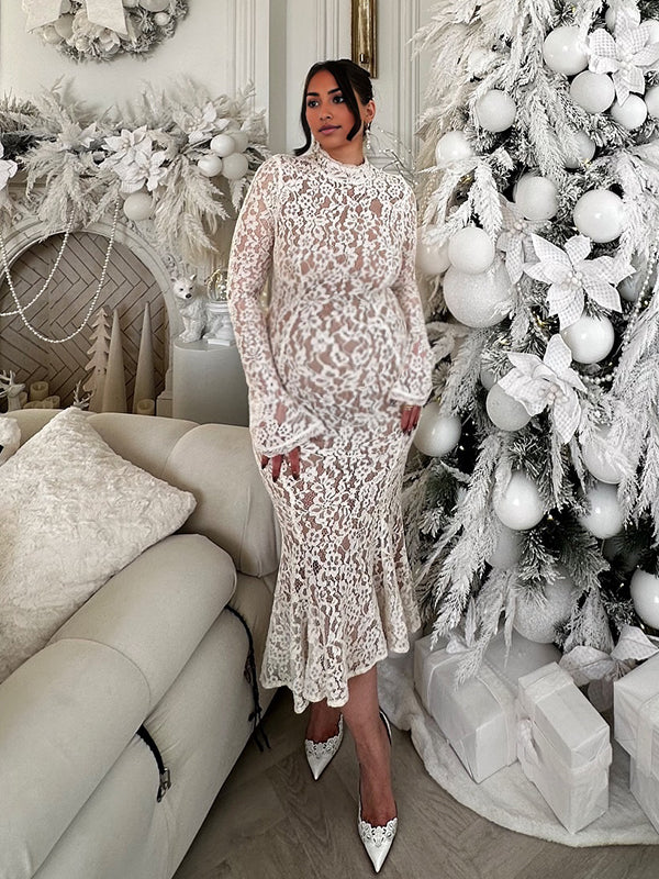 Momyknows White Lace Ruffle Mermaid Flare Sleeve Maternity Midi Dress