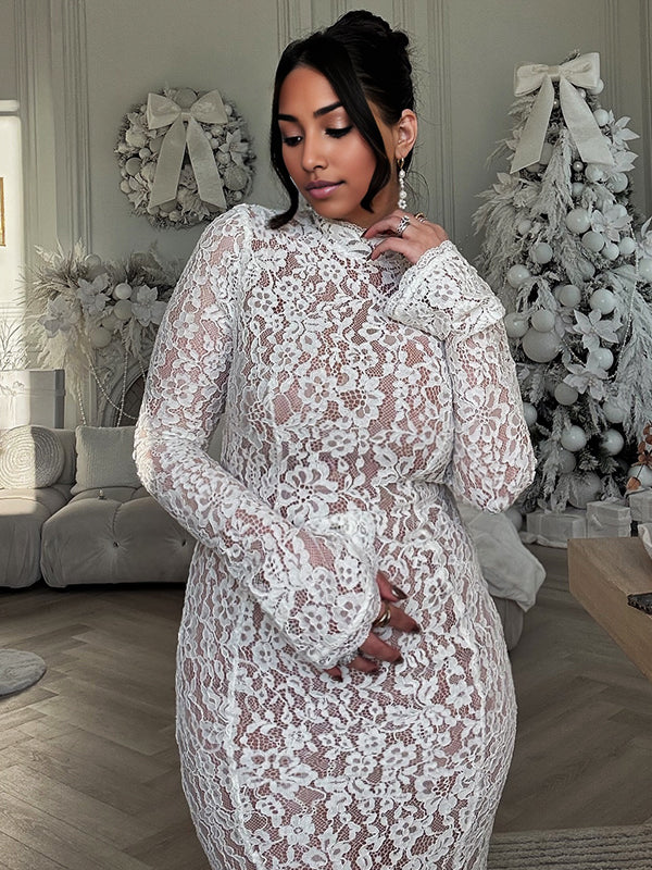 Momyknows White Lace Ruffle Mermaid Flare Sleeve Maternity Midi Dress White / L Momyknows White Lace Ruffle Mermaid Flare Sleeve Maternity Midi Dress White / L