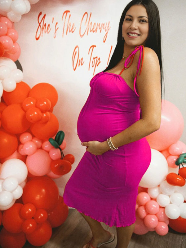 Momyknows Rose Carmine Mermaid Spaghetti Strap Maternity Baby Shower Midi Dress