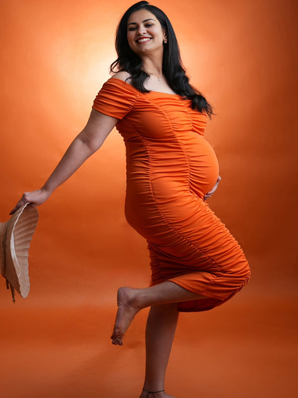 Momyknows Orange Off Shoulder Ruched Backless Maternity Photoshoot Midi Dress