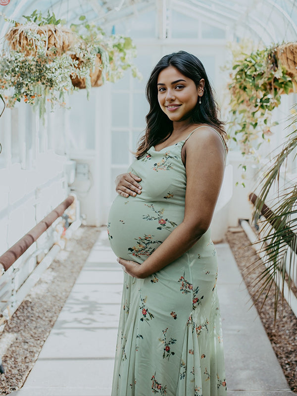 Momyknows Green Print Irregular Ruched Maternity Photoshoot Midi Dress